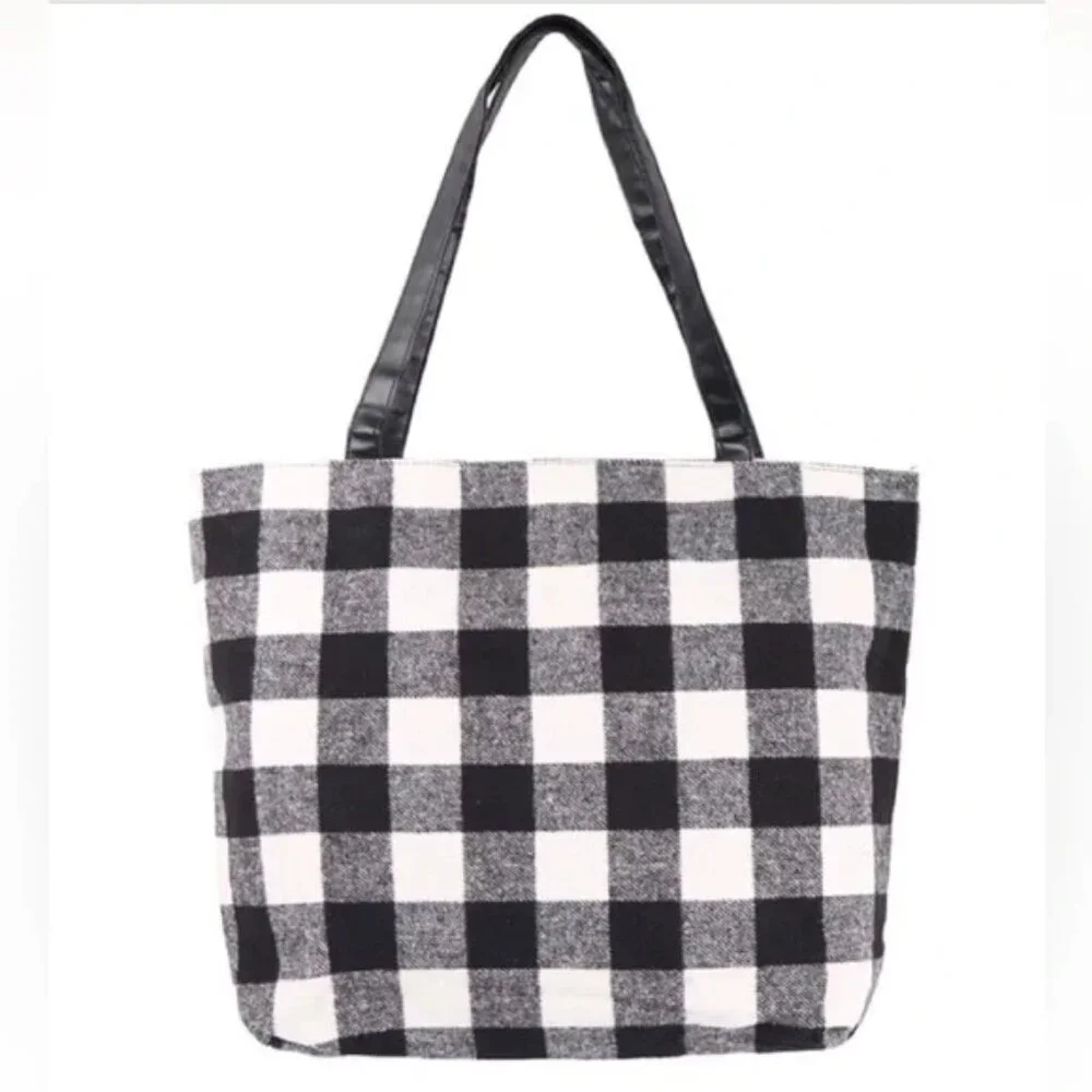 NWT Buffalo White Flannel Leather Plaid Tote Shoulder Travel Shopping Bag Black